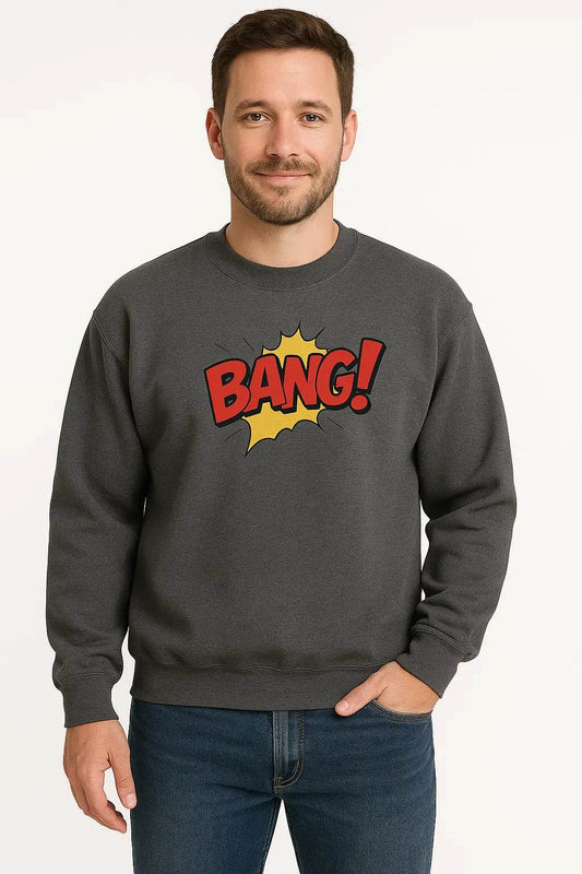 Man wearing heather sweatshirt with bold bang graphic 